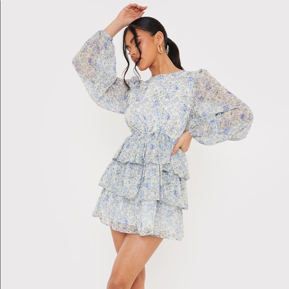 LORNA LUXE BLUE 'LUCIA' FLORAL BALLOON SLEEVE TIERED SMOCK DRESS